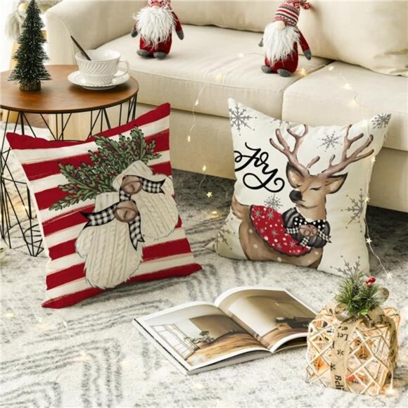 Christmas Snowman Reindeer Gloves Eucalyptus Red Throw Pillow Covers, 20 x 20 In - Picture 4 of 7